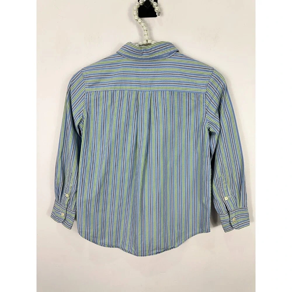 Ralph Lauren Boys 5 Blue Green Striped Button Down Dress‎ Shirt Logo Cotton